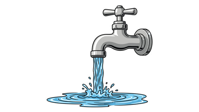 Simple illustration of a metallic water faucet with a steady stream of blue water flowing out and creating splashes on a white background.