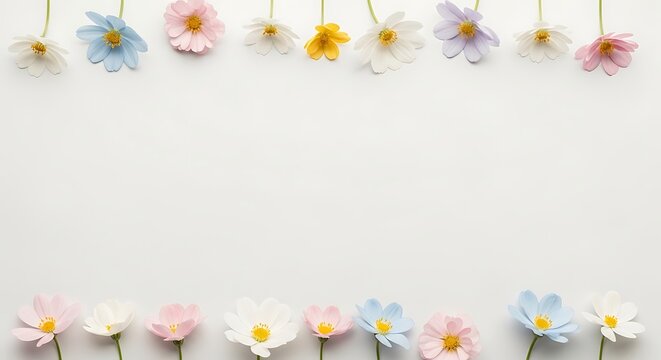 A minimalist white background adorned with delicate pastel-colored flowers forming a decorative border at the top and bottom, creating a serene and fresh aesthetic.