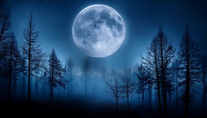 Fototapeta premium Dark Night Forest Full Moon Halloween Ultra Realistic Photorealistic