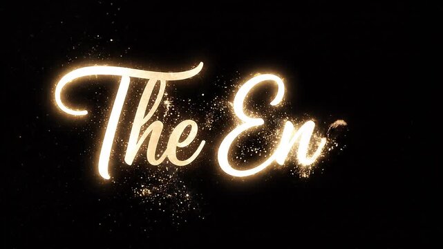 Elegant glowing The End text animation with sparkling golden particles on dark background cinematic finale typography and celebration concept