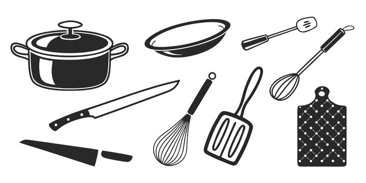 A variety of cooking utensils and tools laid out on a white background