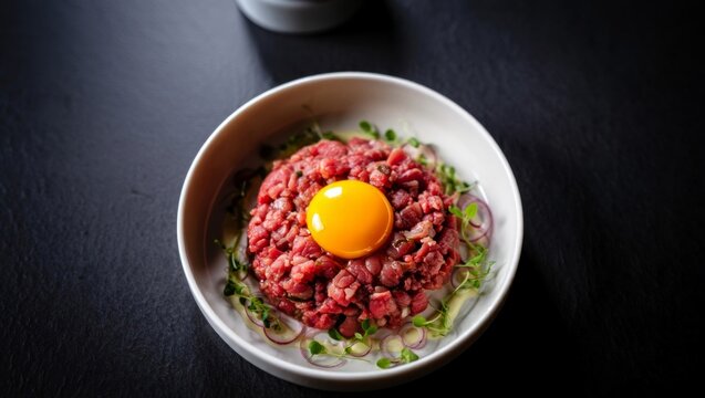 Beef Tartare with Egg Yolk and Microgreens