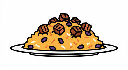 A delicious plate of Mexican food with rice and beans, topped with succulent cubes of seasoned meat