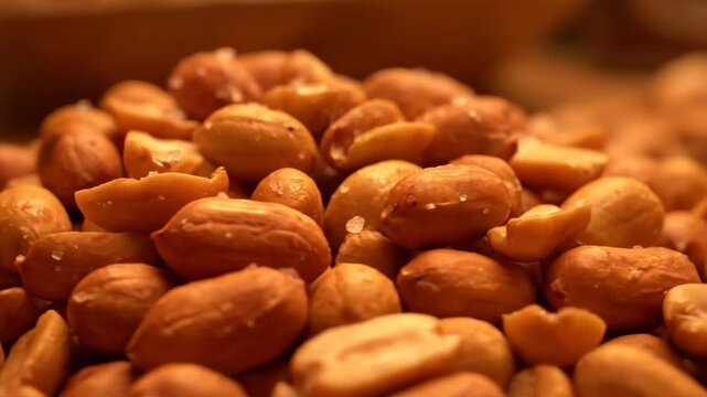 Close-up Macro Shot of Pile of Roasted and Salted Peanuts, an Appetizing Crunchy Snack Food Background Texture.