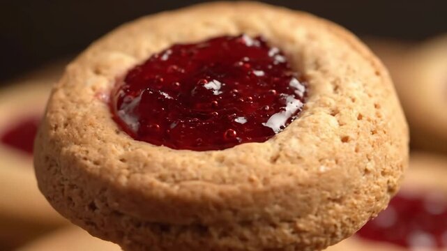 Delicious Shortbread Thumbprint Cookie Macro View. Freshly baked biscuit with vibrant red raspberry jam filling isolated on a dark background.