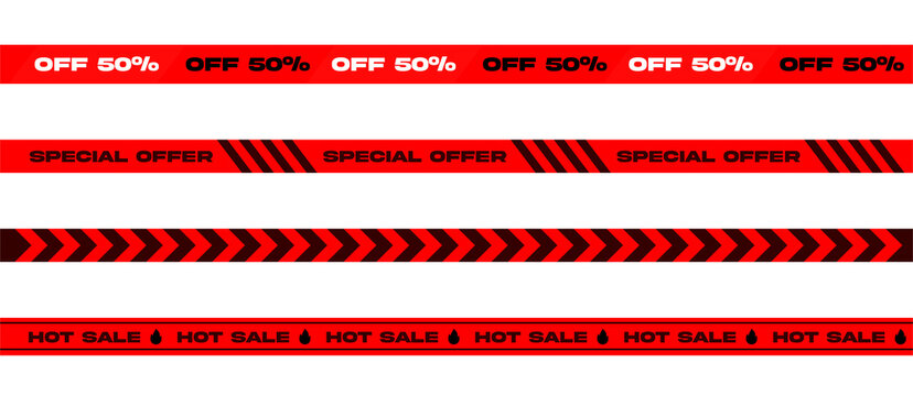 Bright red promotional tape collection with discount and sale labels