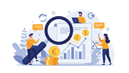 Team of experts using a giant magnifying glass to analyze financial data, charts, and euro coins on a large digital document.