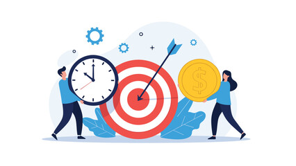 Strategic team aligning business goals by focusing on a central target while managing time and financial resources efficiently.