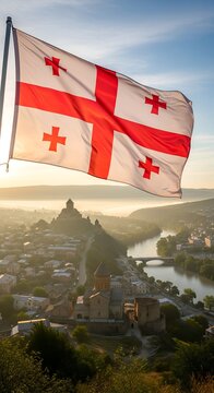 Georgian flag waving over Tbilisi city skyline at sunset