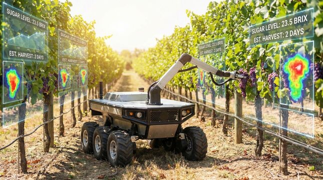 Autonomous rover analyzing grape sugar levels in a lush vineyard with augmented overlays under bright sunlight