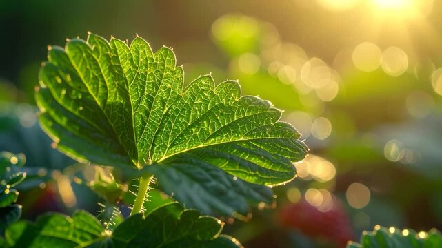 A close up of a bright green leaf backlit by golden sunshine