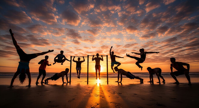 Group of people exercising on the beach at sunset