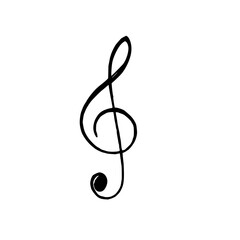 Obraz premium Elegant black G-clef symbol drawn with thin wavy lines on white background, centered composition for music education, scores, sheet music graphic design