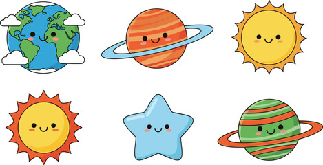 Cute Kawaii Space Vector Set Featuring Smiling Earth, Saturn, Sun, Star, and Planets with Friendly Cartoon Faces for Kids and Educational Designs © sojibislam