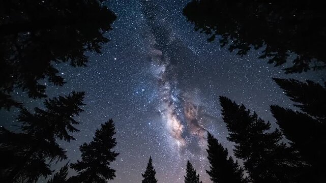 Milky Way shining brightly through dark forest trees at night