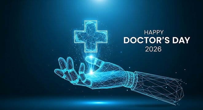 Happy Doctor's Day 2026: Digital Hand Offers Glowing Medical Cross Symbol, Representing Healing, Hope, and Healthcare Services Happy Doctor's Day 2026 mental Caring Ultra 4k , Ai gen