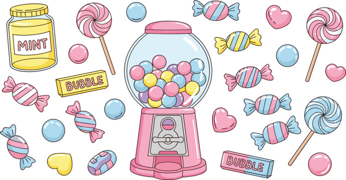 Pastel Candy and Sweets Vector Set Featuring Pink Gumball Machine, Lollipops, Hard Candies, Bubblegum, and Mint Jar in a Cute Cartoon Style
