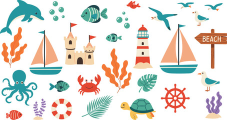Summer Beach and Marine Life Vector Illustration Set Featuring Cute Sea Animals, Sailboats, Sandcastle, Lighthouse, and Nautical Elements in Flat Style © sojibislam