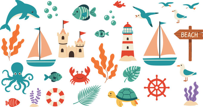 Summer Beach and Marine Life Vector Illustration Set Featuring Cute Sea Animals, Sailboats, Sandcastle, Lighthouse, and Nautical Elements in Flat Style