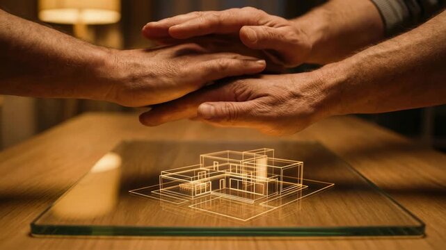 Real estate agent guiding senior client couple trust protect modern house model