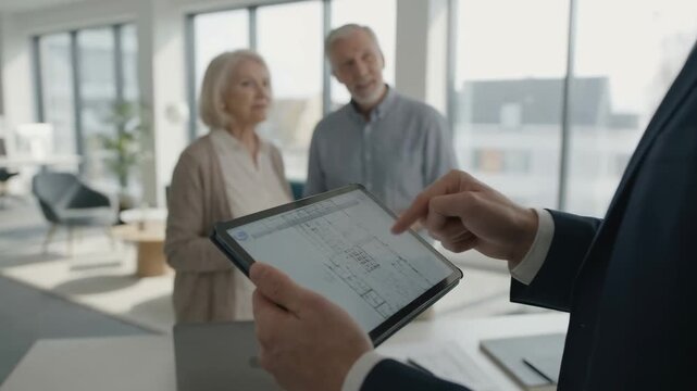 Real estate agent guides senior client couple reviewing modern floor plan on tablet in bright office