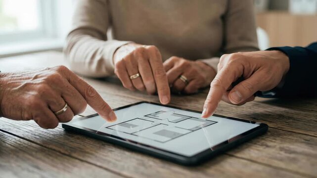Real estate agent senior client couple meeting planning home purchase discuss home plan on tablet