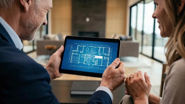 Real estate agent senior clients couple meeting reviewing digital floor plan and tablet blueprint