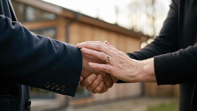 Real estate agent senior client couple handshake agreement trust outside modern house