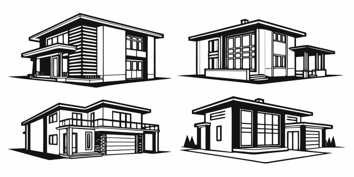 Four distinct architectural designs of modern residential houses with varied styles and features