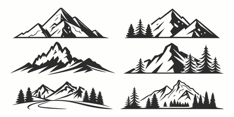 A collection of six different mountain illustrations in a black and white theme. © Bs