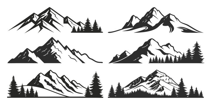 Black and white illustration of various mountain landscapes with trees and cabins.