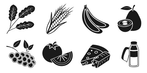 Assorted fruits, vegetables, grains, and dairy products in a grid layout © Bs