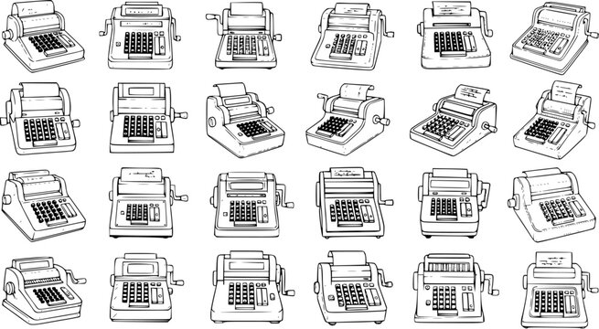 Vintage Adding Machines and Calculators Collection: Retro Office Equipment Illustrations