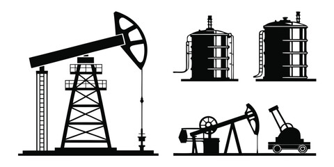 A detailed illustration of various oil drilling equipment and machinery.