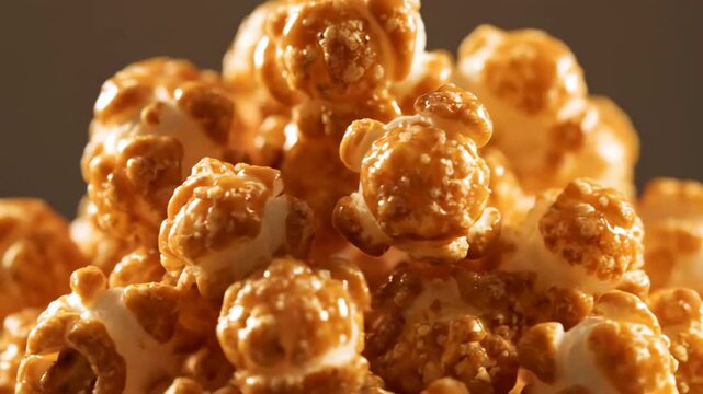 Macro Close-up of Delicious Gourmet Caramel Popcorn Kernels Piled High, Featuring Rich Golden Brown Glossy Glaze Coating and Crispy Texture