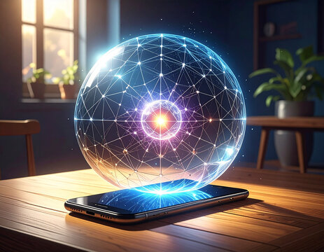 Futuristic 5G/9G network technology: Holographic digital sphere rising from a smartphone