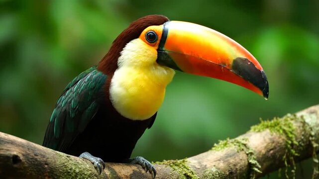 A vibrant toucan perched on a moss-covered branch, showcasing its colorful beak and plumage in a lush rainforest environment from a close-up viewpoint.