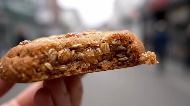 Close-up of a hand holding a freshly baked oatmeal raisin cookie with a bite taken out, showing delicious texture and visible oats and candied pieces.