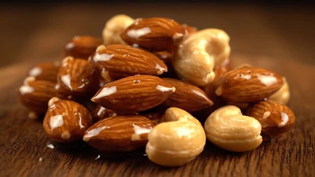 Appetizing Close-Up of Roasted Almonds and Macadamia Nuts Coated in Golden Honey Syrup, Featuring a Shiny Glazed Texture on a Dark Wooden Background. Healthy Gourmet Dessert or Snack.