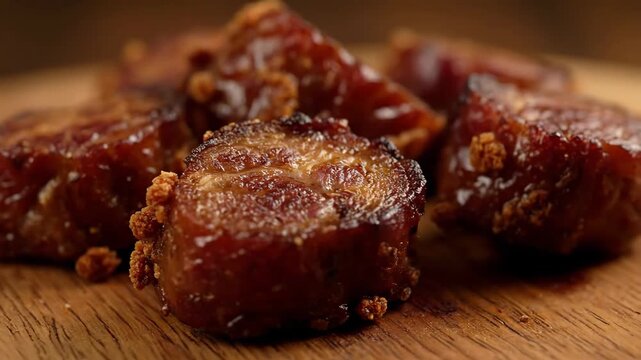 Appetizing close-up of deeply caramelized dessert bites (likely Banana Cue or similar glazed sweet snack) resting on a rustic wooden board.