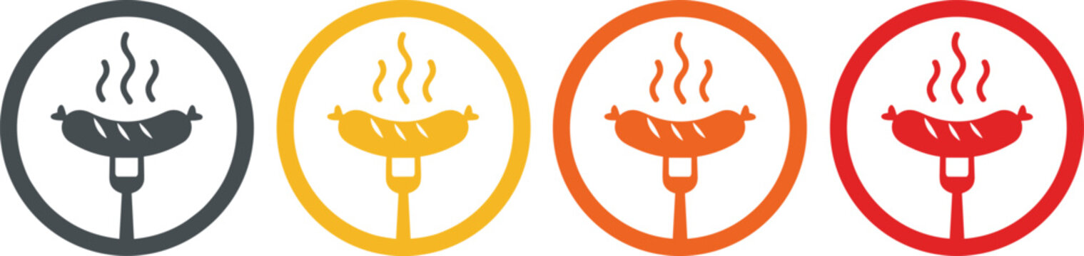 Sausage Grill Barbecue Icon Set &ndash; BBQ Food Cooking Symbol in Circular Flat Design