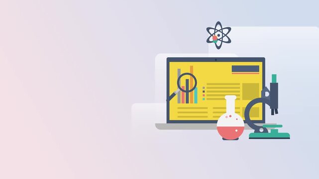 Animated scientific and educational elements depicting research and analytical processes