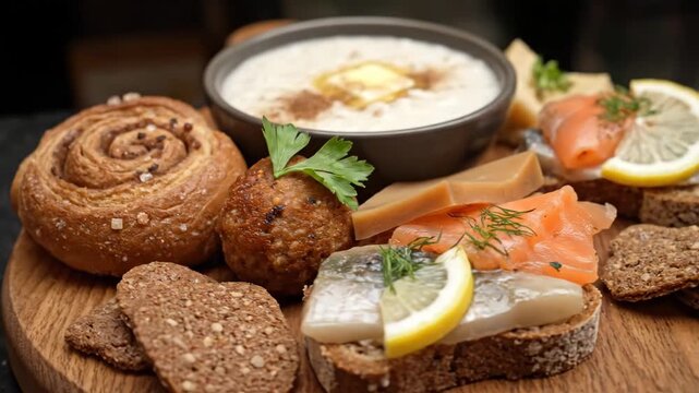 Close-up of a Traditional Scandinavian Breakfast or Lunch Platter featuring Cinnamon Buns, Porridge, Smoked Salmon, Pickled Herring, Meatball, and Brown Cheese served on a wooden board.