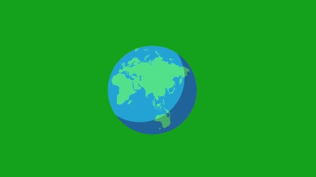 Planet earth rotating on green screen background animation in 2d flat style