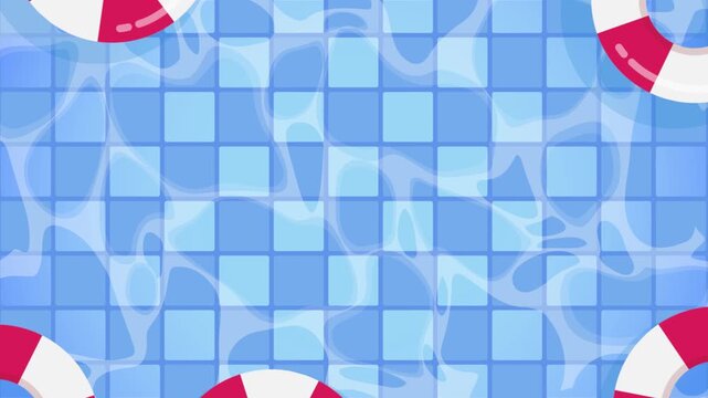 Swimming Pool background with floating lifebuoys and central copy space in a flat vector style looped animation.