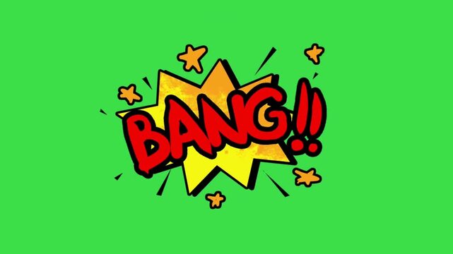 Comic explosion bang text animation with stars on green screen background 2d art