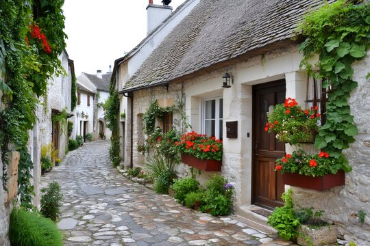 Ancient village street in Giverny France with stone houses