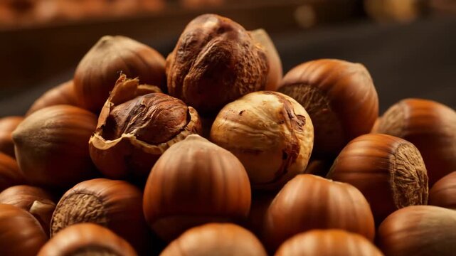 Macro close-up of fresh, whole hazelnuts piled high against a dark background, emphasizing rich, natural texture and healthy eating ingredients.