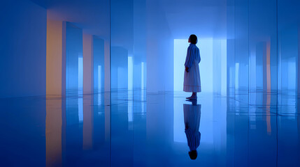 Obraz premium Abstract concept of infinite self reflection in a blue mirror room with soft lighting, Generative AI illustrations.