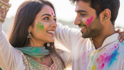 Naklejka premium Couple celebrating Holi festival with colorful smiles